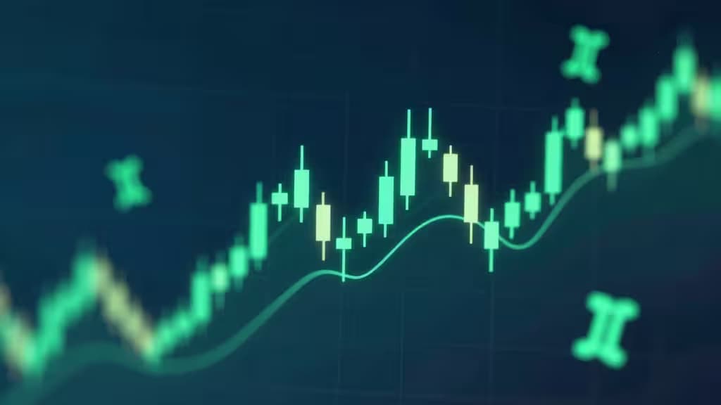 Green candlestick chart rises on dark background, symbolizing crypto options trading growth.