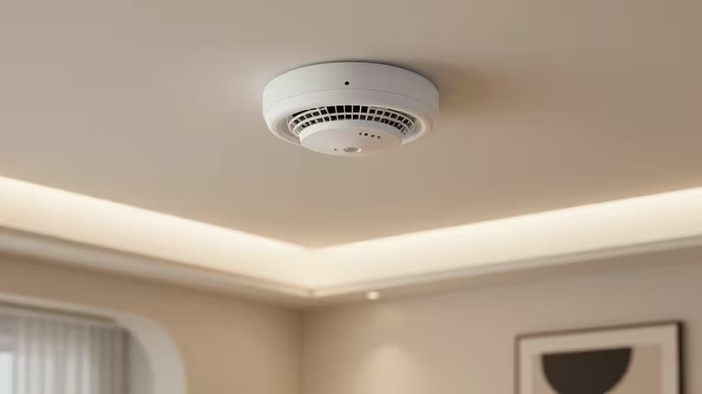 Modern living room interior with a white smart smoke detector mounted on the ceiling, warm ambient lighting