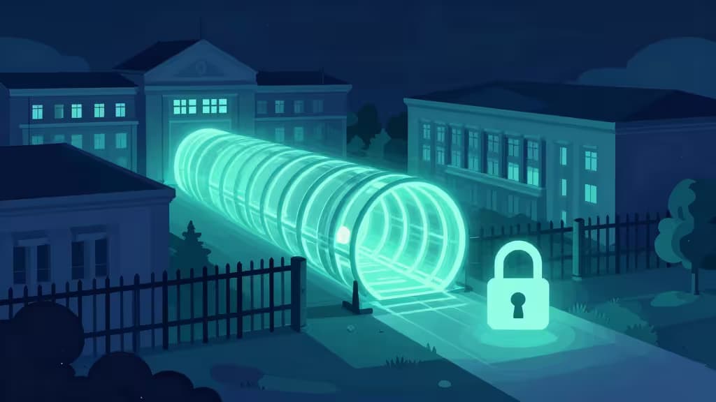 Glowing teal encrypted tunnel connects campus buildings, guarded by a luminous padlock against dark blue night.