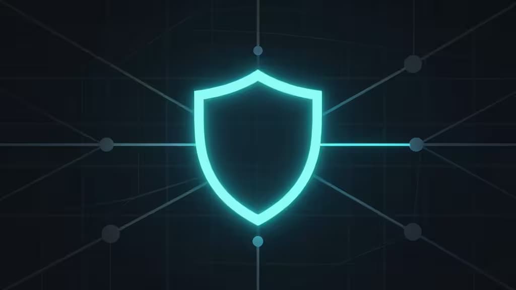 Glowing cyan shield icon centered on dark grid, connected by thin lines to nodes, symbolizing secure dedicated VPN IP protection.
