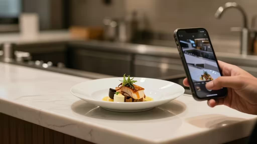 Hand hält Smartphone, das ein Gourmet-Gericht auf einer Marmortheke fotografiert — illustriert KI-gestützte Speisenfotografie für Restaurant-Marketing.