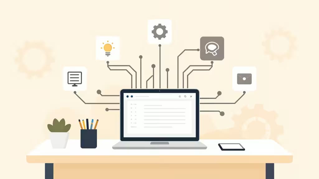Abstract illustration of a small business automation workspace with a laptop, flowing connection lines between app icons, and soft warm lighting