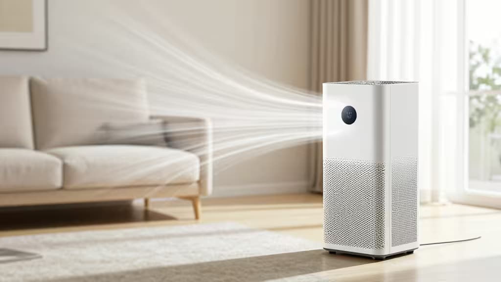 Purificatore d'aria smart moderno in un soggiorno luminoso e pulito, con visualizzazione astratta dell'aria libera da particolato