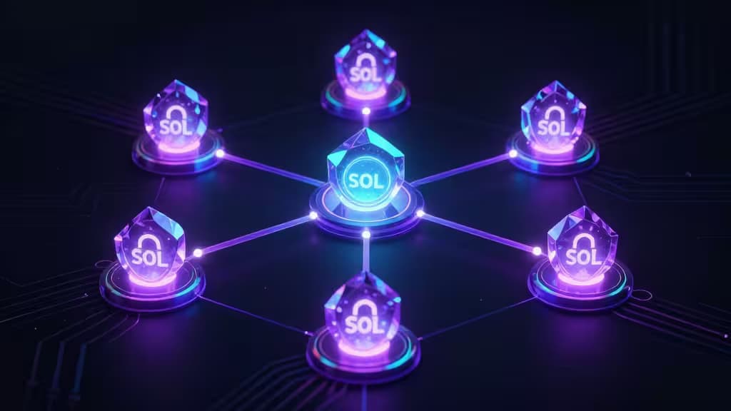 Glowing SOL crystals connect on a circuit board, symbolizing staking networks.