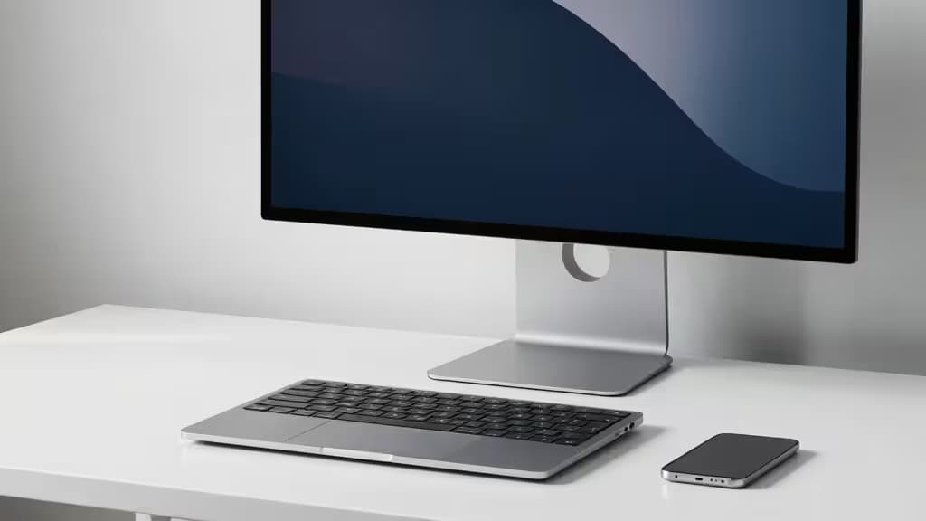 Srebrny monitor stoi obok MacBooka Pro i iPhone'a na białym biurku w minimalistycznej aranżacji.