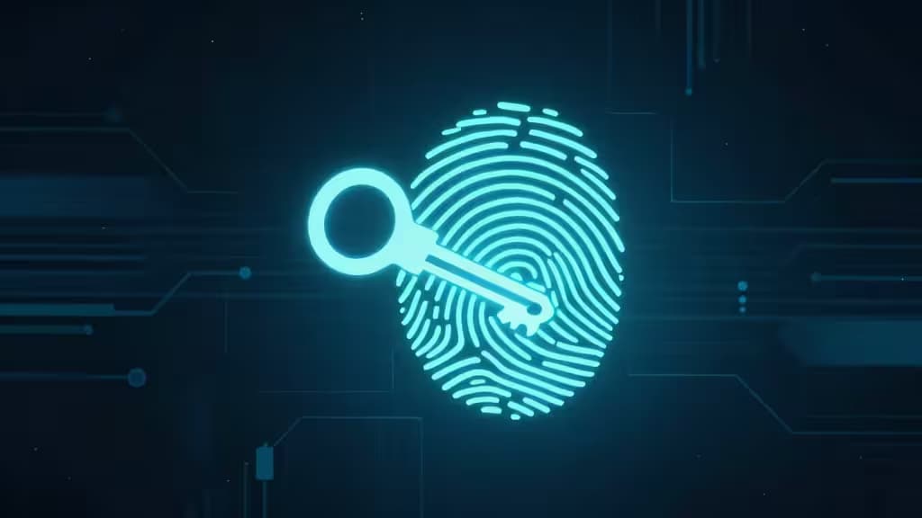 Glowing cyan key overlays biometric fingerprint on dark circuit-board background.