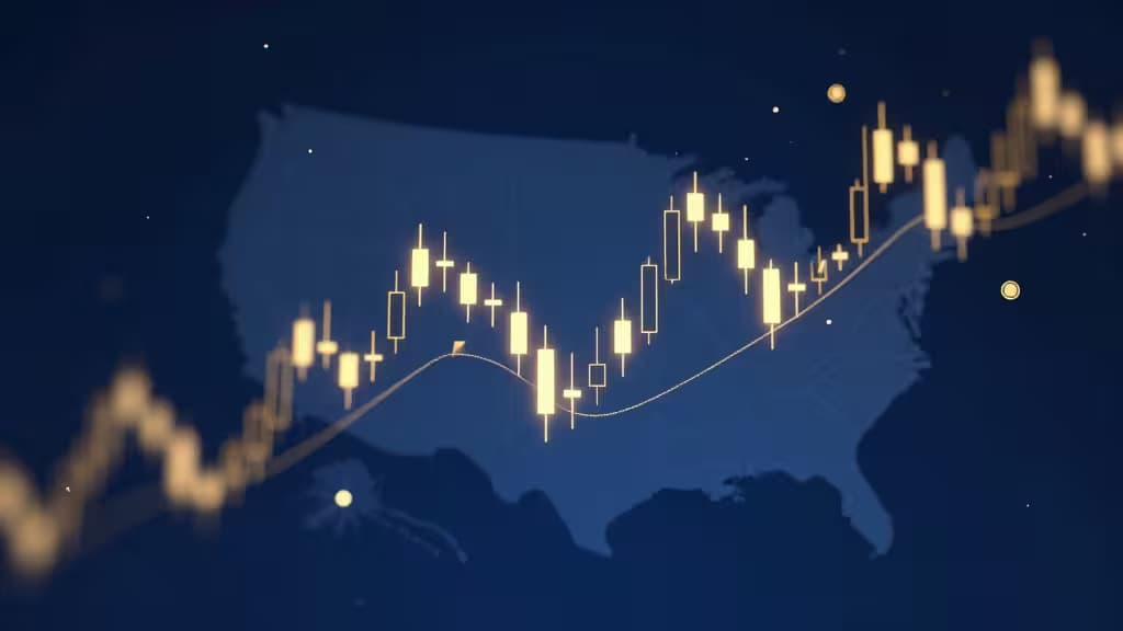 Glowing candlestick charts overlay a blue US map, symbolizing cryptocurrency market trends for American investors.