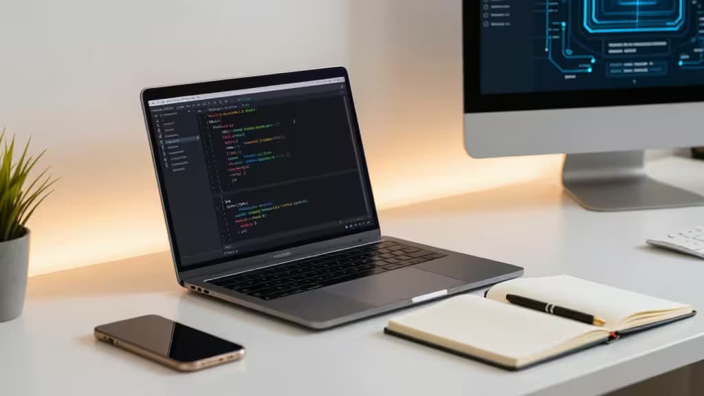 A MacBook Pro displays Next.js code, flanked by a notebook, smartphone, and monitor on a clean desk.