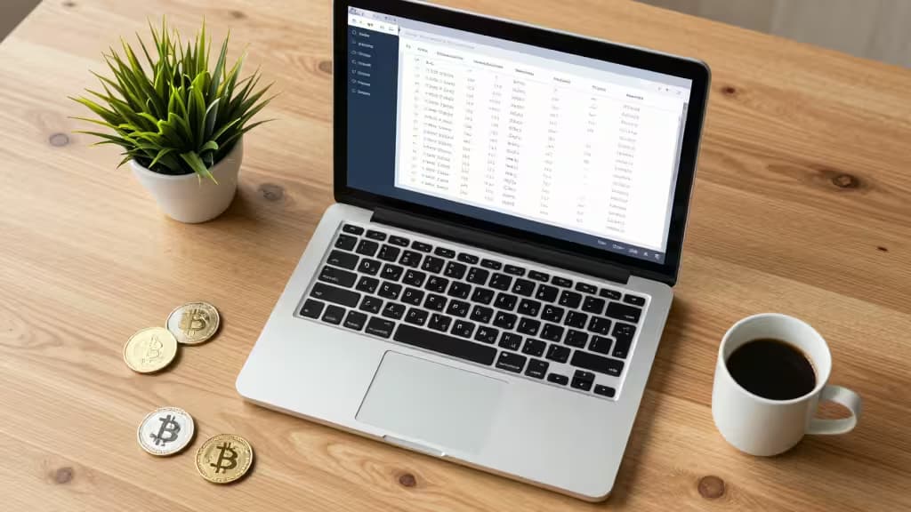 Laptop displays crypto tax software, surrounded by Bitcoin coins and coffee on wooden desk.