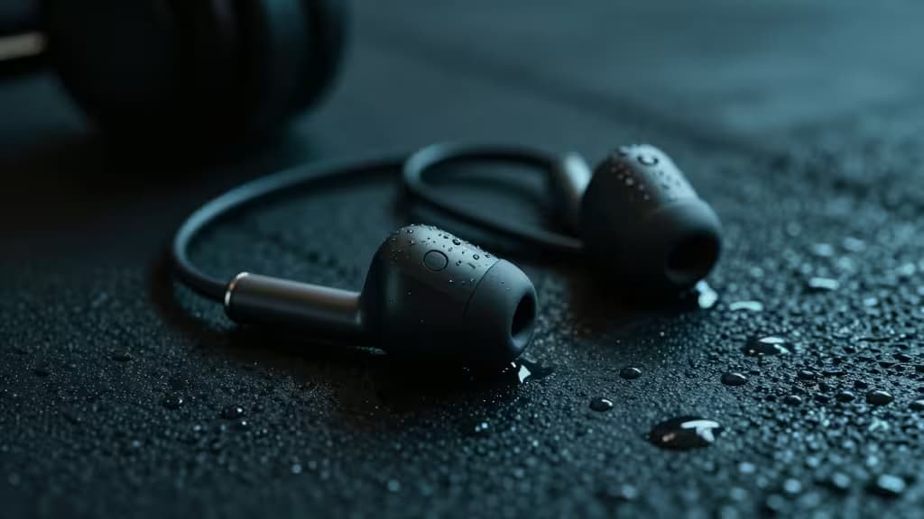 Black sport earbuds with water droplets rest on a textured gym floor, emphasizing sweat resistance and durability for intense workouts.