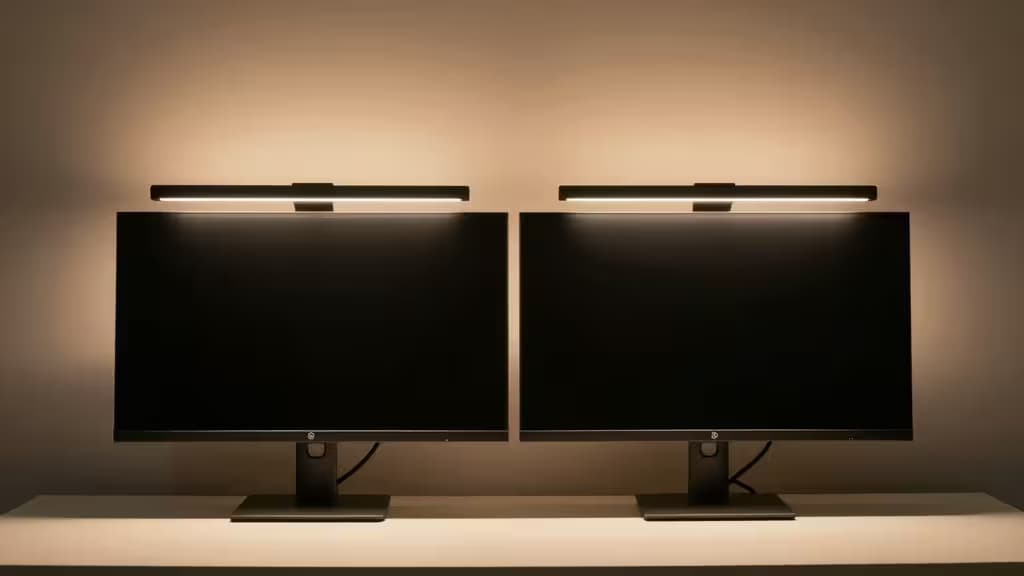 Deux moniteurs noirs avec des barres lumineuses élégantes, illuminant doucement un bureau minimaliste.