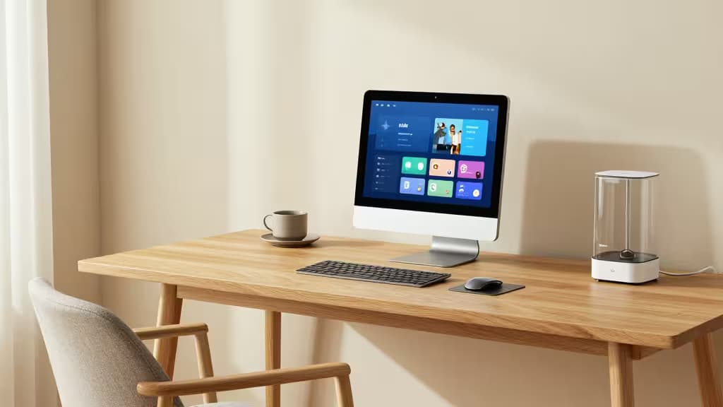 Een strakke all-in-one computer op een licht eiken bureau naast een slimme luchtbevochtiger, toetsenbord en koffiekop.