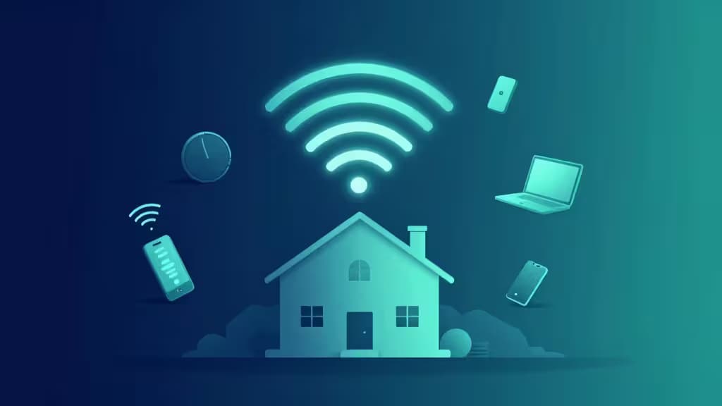 Abstract illustration of a modern home with glowing wireless mesh signal waves radiating from multiple nodes on a deep blue gradient background