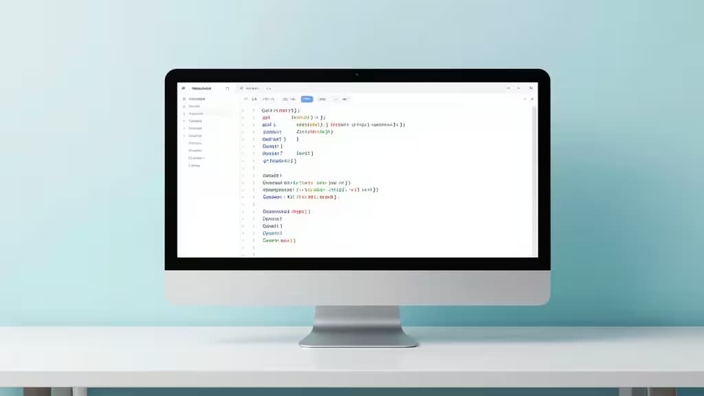 Un iMac affiche un éditeur de code avec un schéma JSON sur un bureau blanc face à un mur turquoise, illustrant l'auto-hébergement de docs OpenAPI pour des outils API abordables.