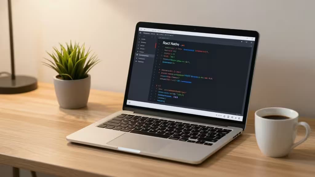 Laptop displays React Native code with error logs, beside coffee and plant on wooden desk.