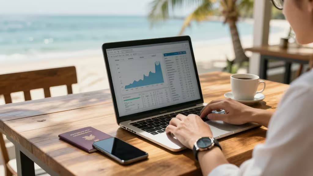 Un nomade numérique utilise un ordinateur portable affichant des applications de budget sur une table en bois à côté d'un passeport et d'un café.