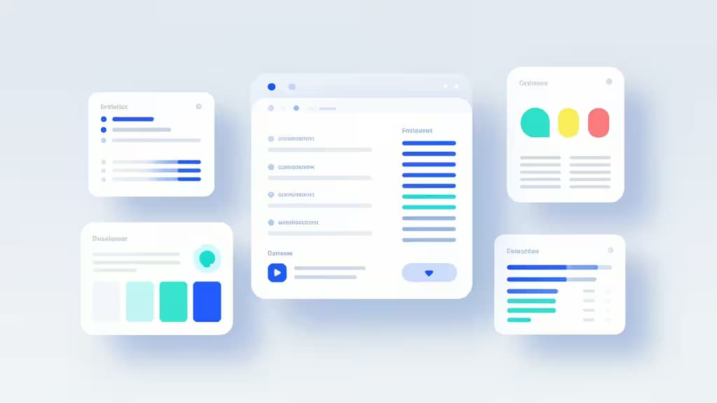 Парящие UI-вайрфреймы, цветовые палитры и панели дизайн-инструментов в мягком синем свете символизируют AI-инструменты для UX/UI-дизайна.