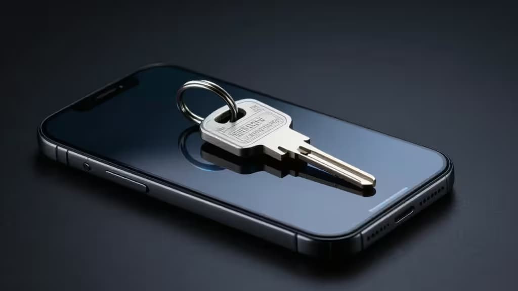 黒いスマートフォンの画面の上に銀色の金属製セキュリティキーが斜めに置かれている