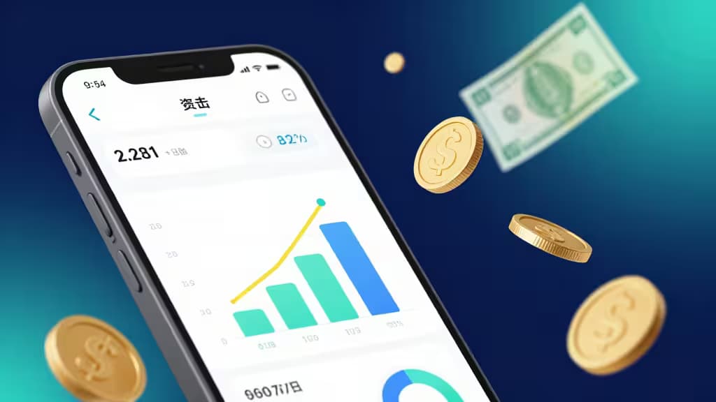 Smartphone affichant une app de budget IA avec un graphique financier en hausse, entouré de pièces d'or et de billets flottants sur fond bleu dégradé.