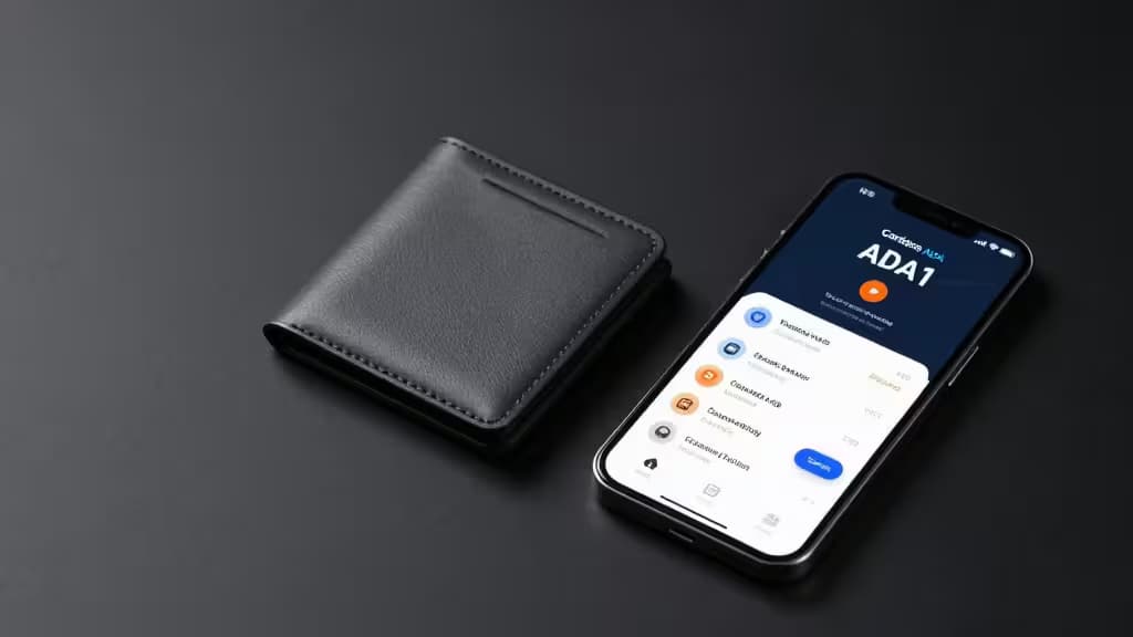 Black leather wallet beside smartphone displaying ADA staking interface on dark surface.