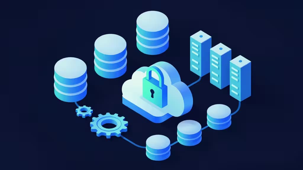 Abstract isometric illustration of cloud infrastructure building blocks — database cylinders, authentication padlock, serverless function gears, and storage nodes — arranged on a dark navy background with blue and teal gradient lighting.