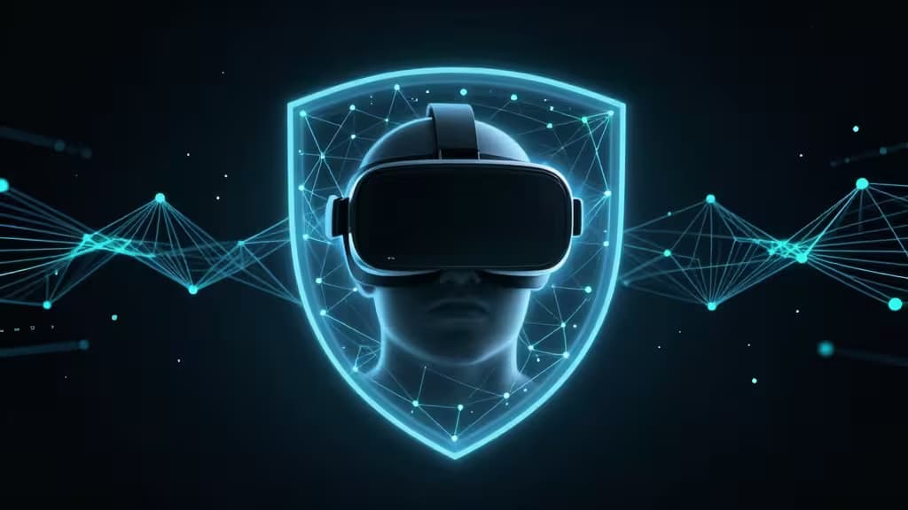 A glowing blue shield protects a VR headset, symbolizing secure spatial computing privacy for Apple Vision Pro users.