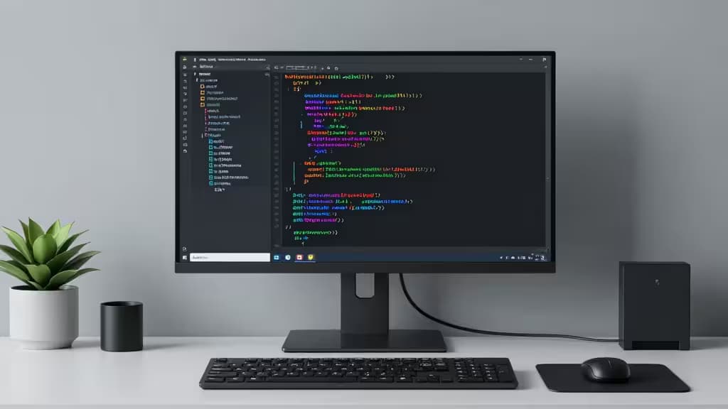 Een minimalistisch bureau met een monitor die TypeScript-code toont, geflankeerd door een plant en strakke randapparatuur.