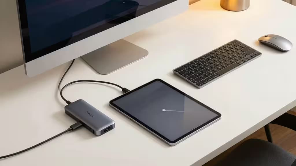 Silver iPad Pro connects via USB-C hub to monitor, keyboard, and mouse on white desk.