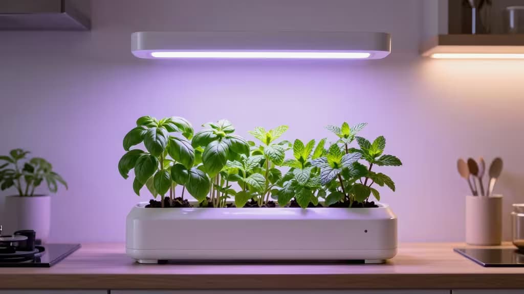 Белый прямоугольный гидропонный сад с базиликом и мятой под фиолетовой LED-лампой на деревянной кухонной столешнице.