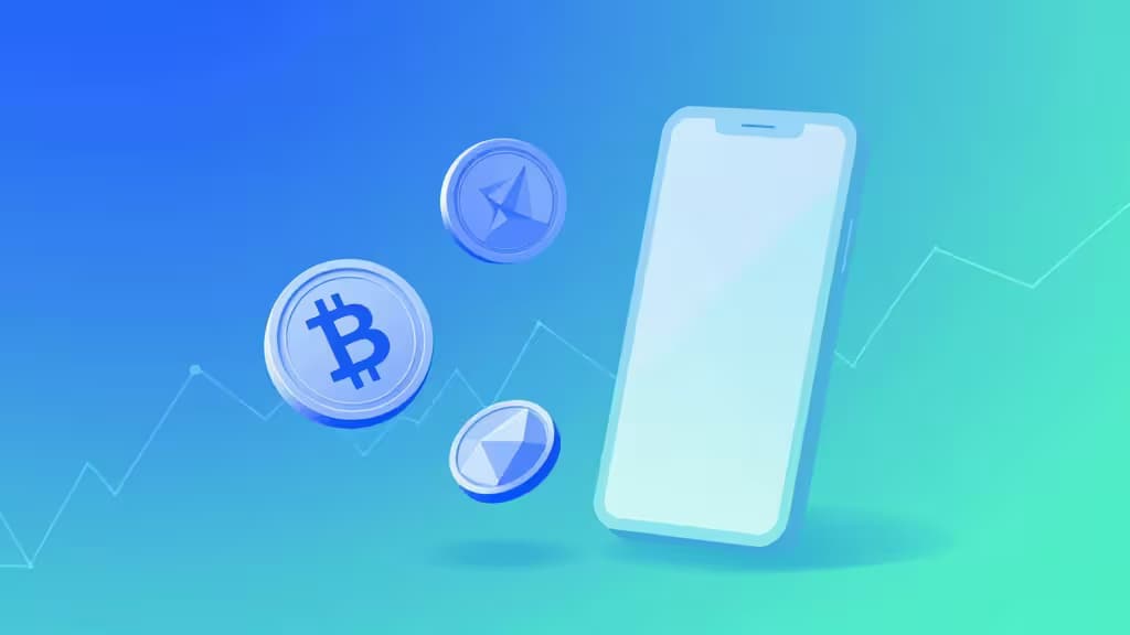 Illustration abstraite représentant le trading de cryptomonnaies pour débutants avec des pièces géométriques flottantes et des lignes de graphique sur un dégradé bleu et turquoise.