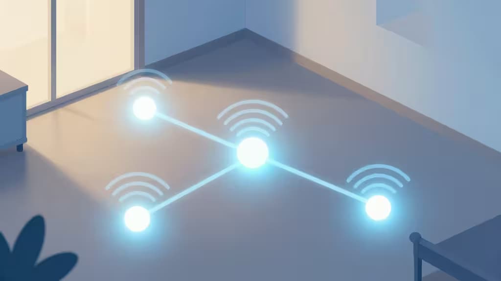 Leuchtende blaue Netzwerkknoten verbinden sich über Linien und senden WLAN-Signale über den Grundriss eines minimalistischen Raums.