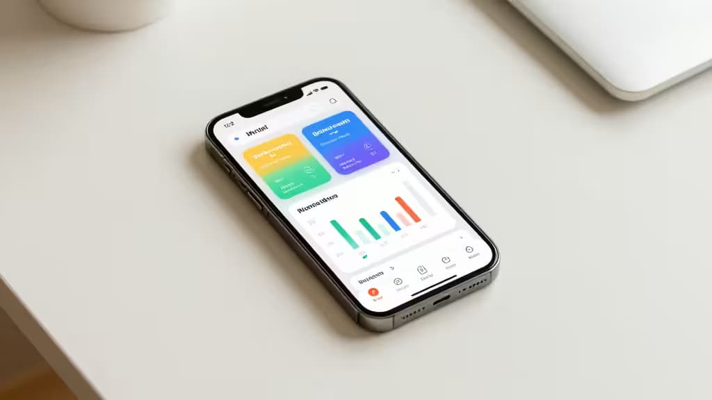Um smartphone exibindo uma interface colorida de aplicativo de orçamento sobre uma mesa minimalista branca.
