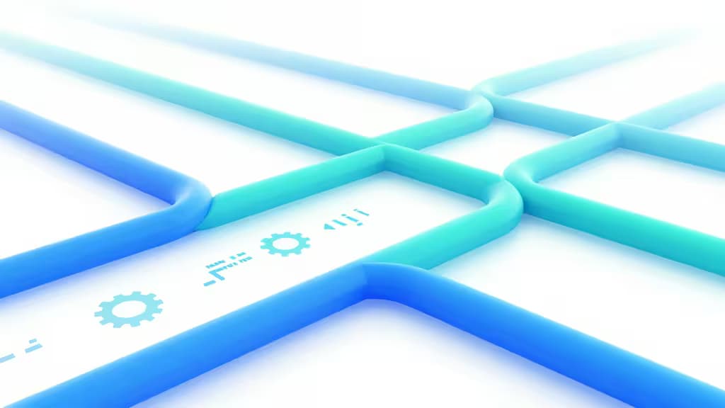 Abstracte netwerk van blauwe en groene 3D-pijpen met tandwielpictogrammen, die geautomatiseerde CI/CD-workflows symboliseren.