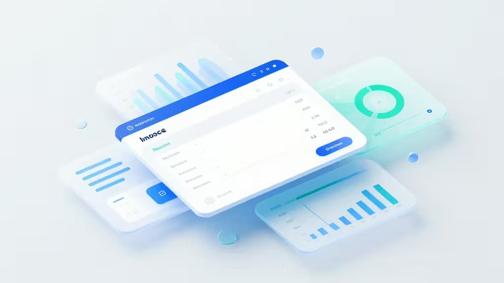 Floating translucent screens display invoices, bar charts, and donut graphs in blue and teal hues against a white background.