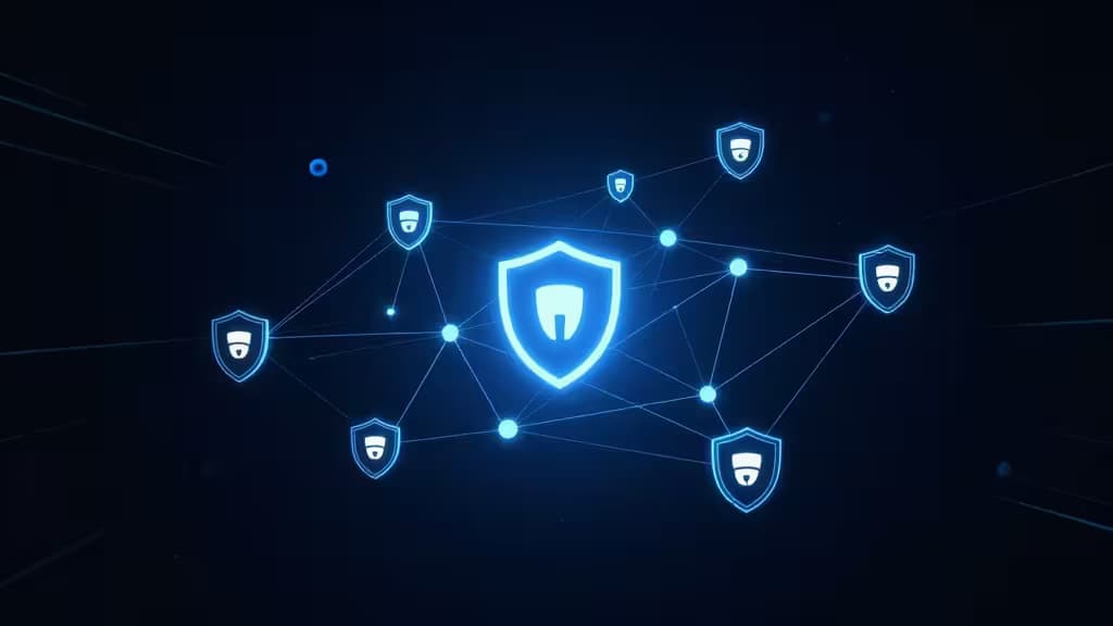 Glowing blue VPN shield connects blockchain nodes in a digital network landscape.