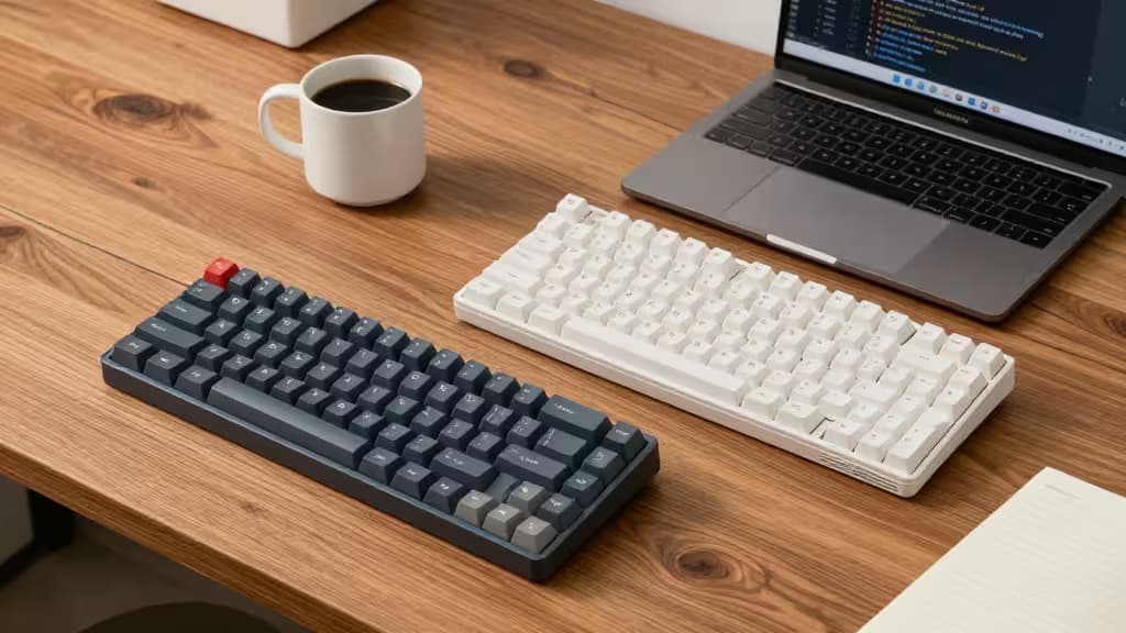 Deux claviers ergonomiques split reposent sur un bureau en bois à côté d'un laptop et d'une tasse de café.