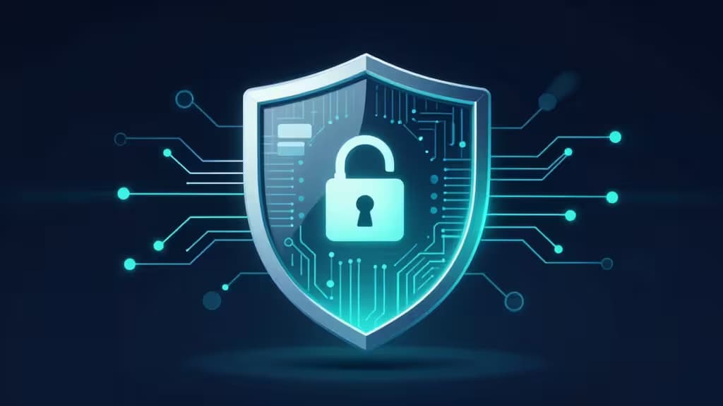 Uno scudo blu luminoso con lucchetto e circuiti simboleggia la protezione delle carte virtuali per la privacy dello shopping online.