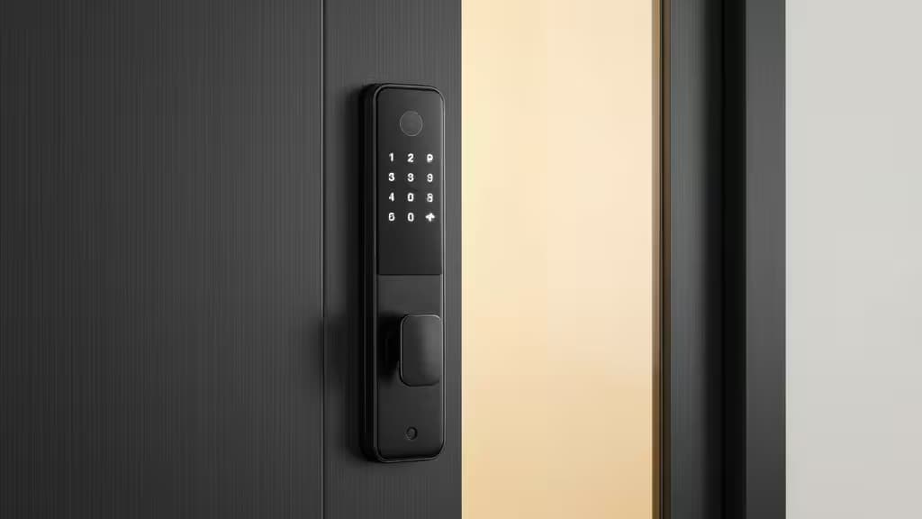 A modern front door with a sleek matte-black smart lock keypad glowing softly in warm evening light.