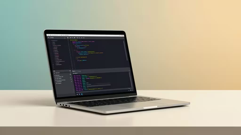 Abstract developer workspace with a laptop displaying a code editor, terminal, and environment variable panels in warm teal and amber tones.