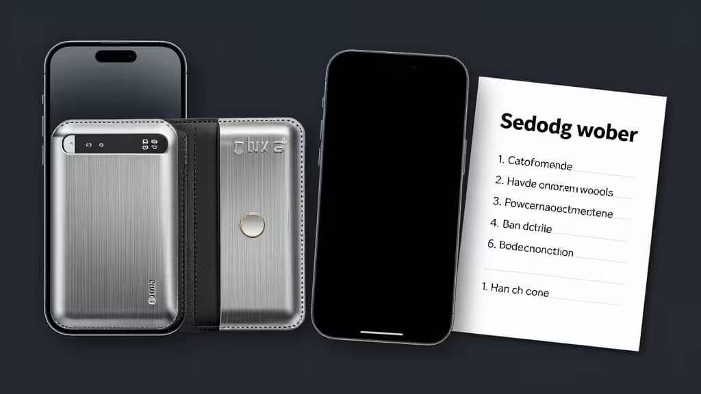 Metallic crypto wallet met seed phrase backup, naast smartphones en een geprint recovery-vel op een donkere achtergrond.
