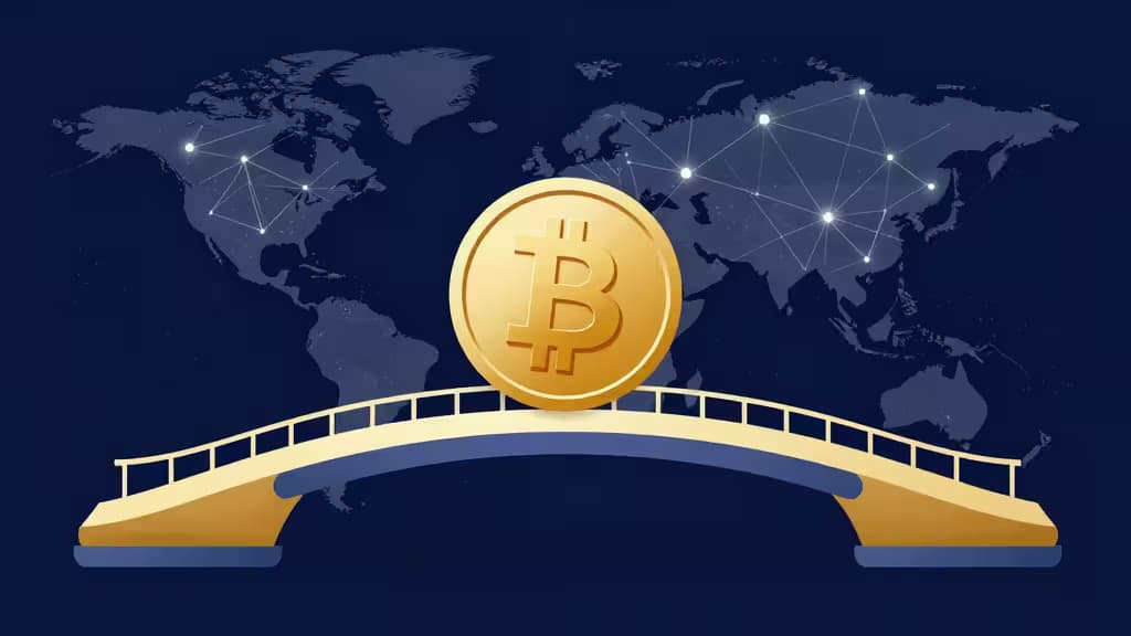 Una moneda Bitcoin dorada descansa sobre un puente que atraviesa un globo azul oscuro con líneas de red brillantes.