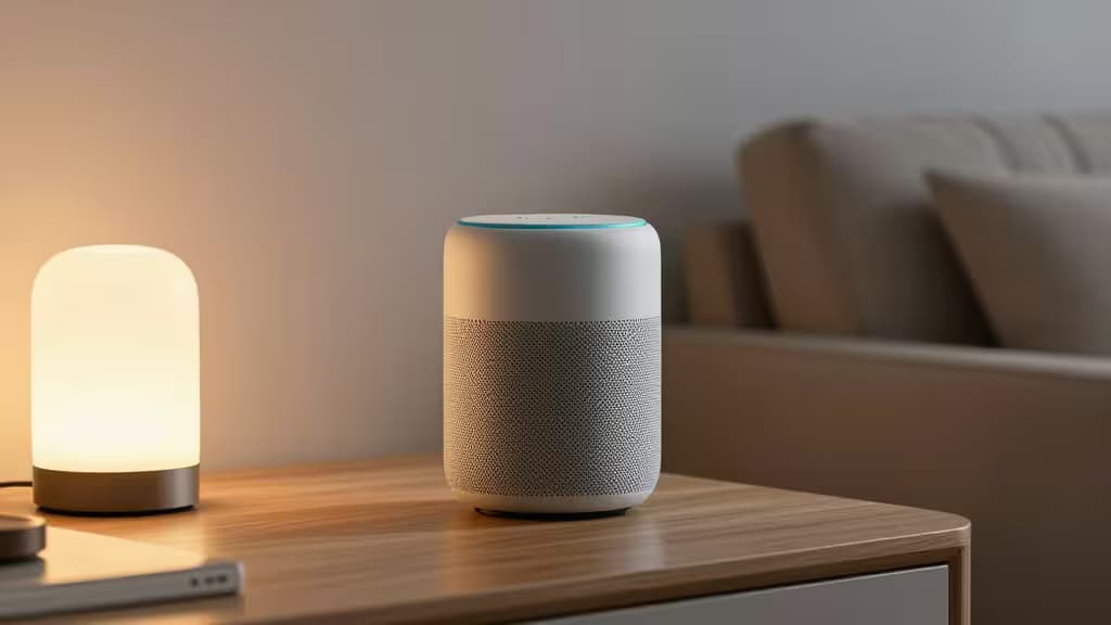 Enceinte connectée Alexa sur une table en bois, lueur tamisée d'une lampe, ambiance de salon moderne et épuré.