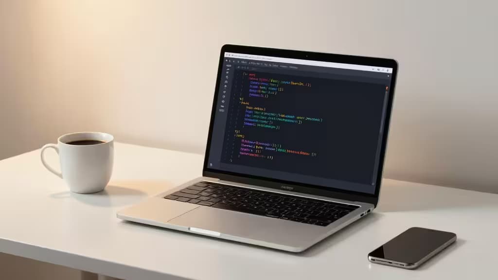 Un MacBook Pro affichant du code Go sur un bureau blanc à côté d'une tasse de café et d'un smartphone.