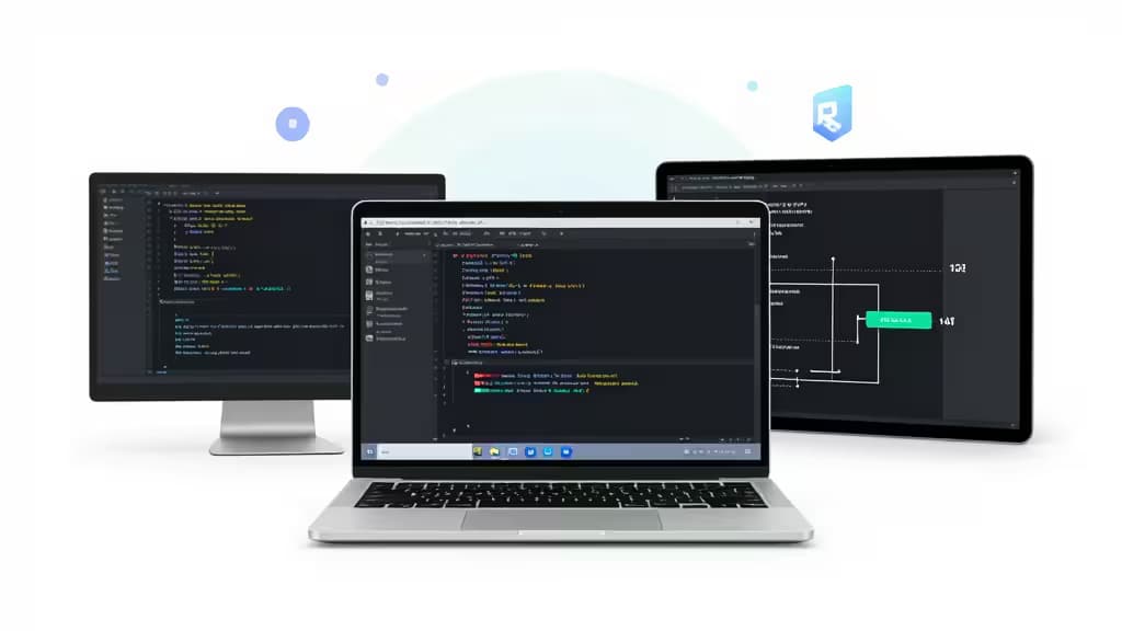 Três telas exibem código Rust e pipelines de CI/CD, destacando ferramentas de desenvolvedor acessíveis.