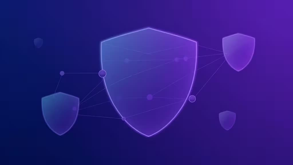 Boucliers violets lumineux reliés par des lignes, symbolisant la sécurité Web3 et la protection des portefeuilles crypto.
