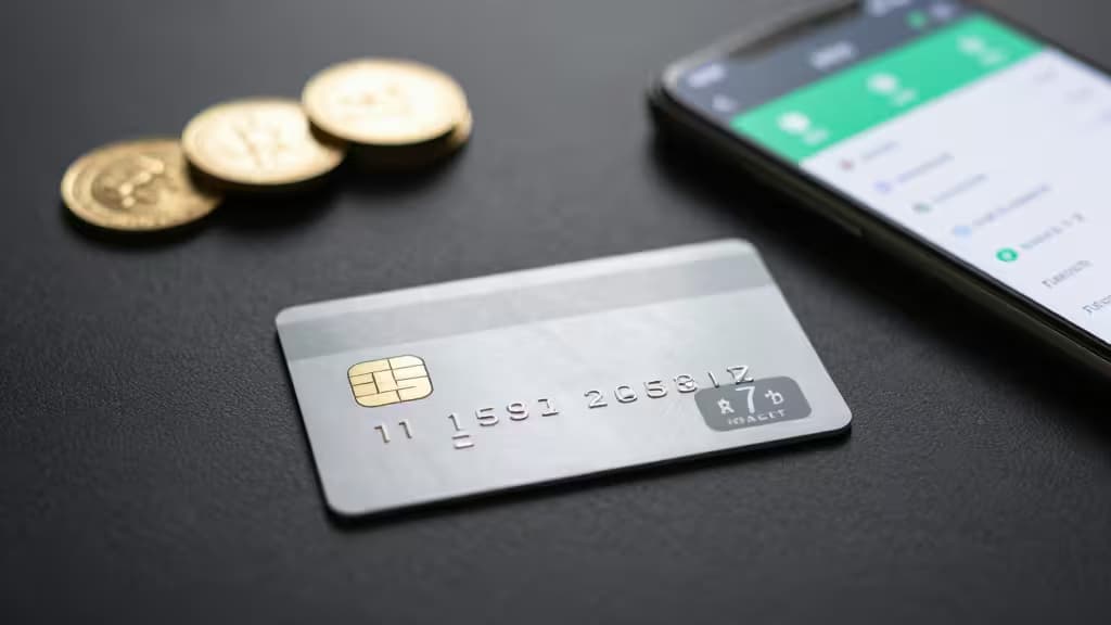 Srebrna karta krypto leży obok monet Bitcoin i smartfona wyświetlającego aplikację do stakingu.