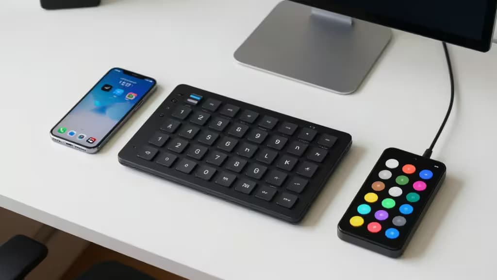 Black macro pad and smartphone rest on white desk beside monitor base.