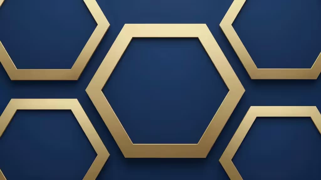 Gold hexagonal frames on deep blue background evoke secure vault architecture for crypto custody.