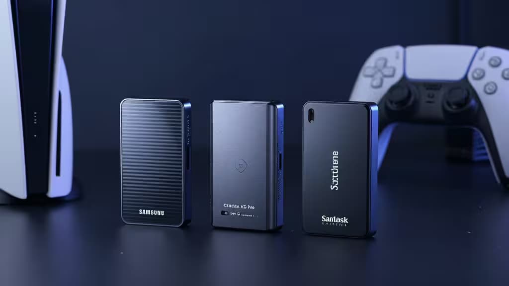 Trois SSD portables — Samsung, Crucial, SanDisk — alignés à côté d'une console PS5 et d'une manette.