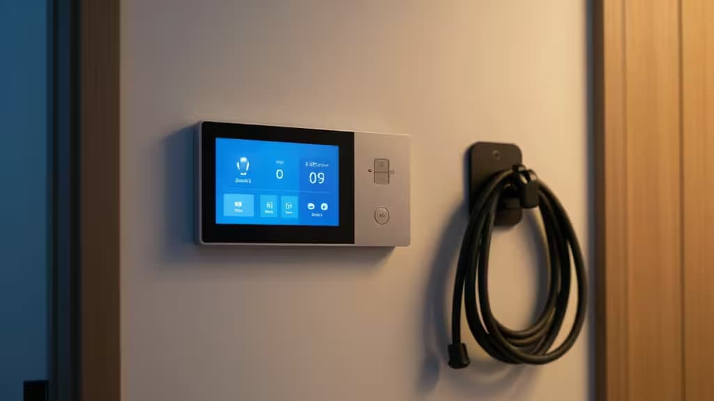 Ein schlankes Smart-Display und ein Thermostat steuern den Energieverbrauch, während ein aufgerolltes EV-Ladekabel an der Wand bereit hängt.